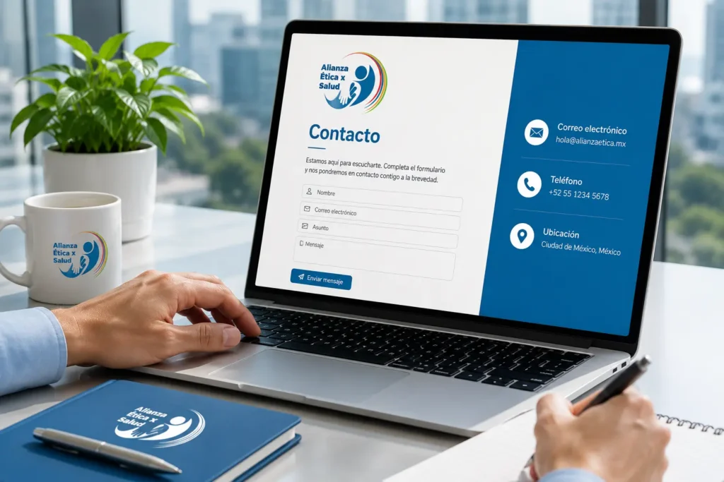 Sección de contacto de la Alianza Ética por la Salud con formulario en laptop, logotipo institucional y elementos de comunicación en un entorno profesional
