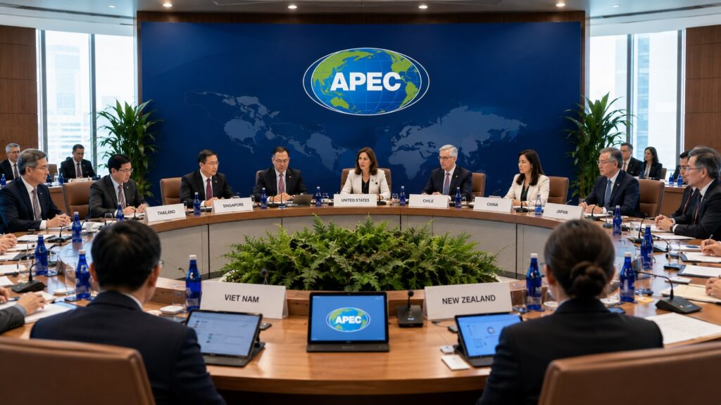 Reunión internacional de APEC sobre ética empresarial y colaboración en salud, con representantes dialogando sobre integridad, transparencia y buenas prácticas.