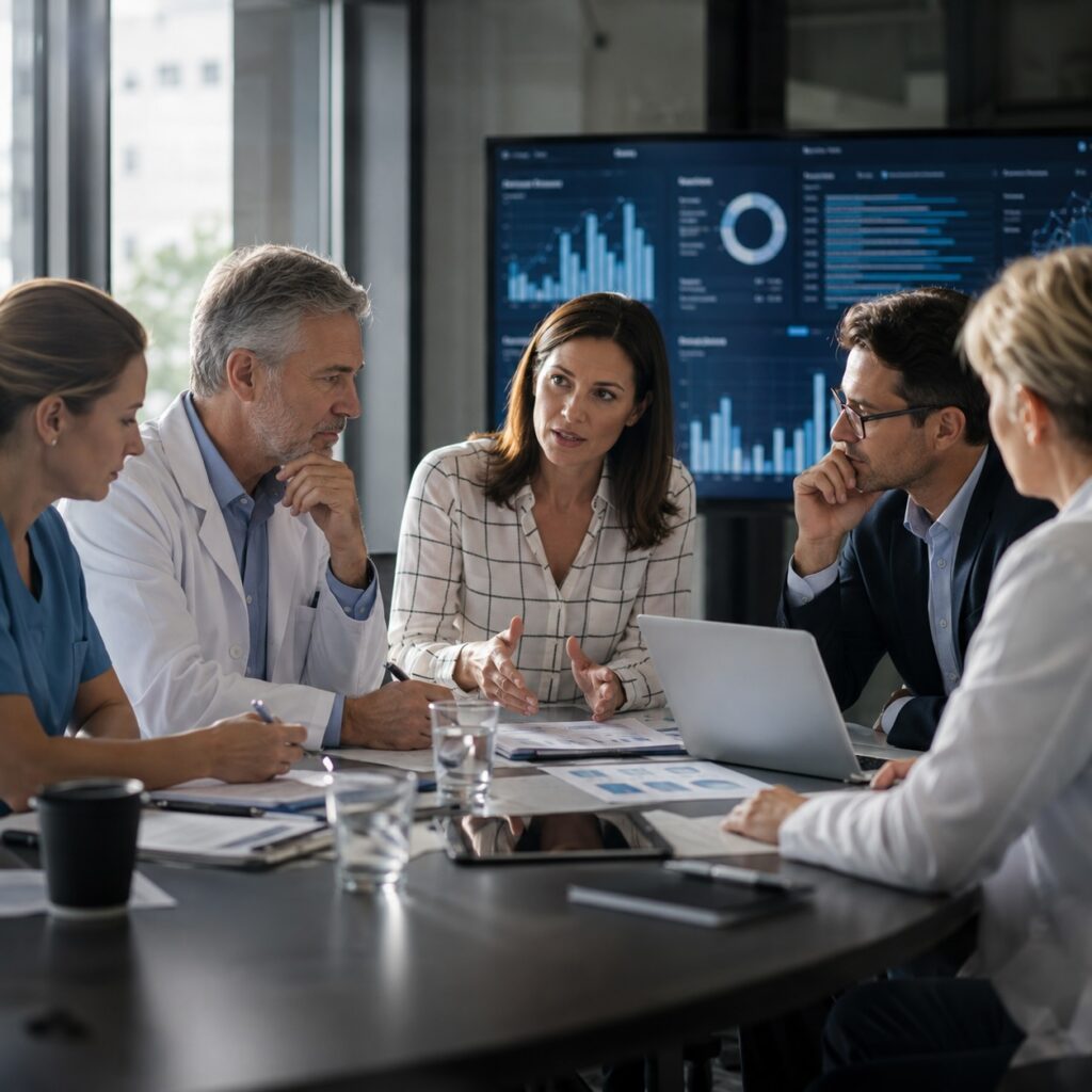 Profesionales de la salud, academia e industria reunidos en una mesa de trabajo analizando datos y decisiones éticas en medicina, en el contexto de la reflexión de la Alianza Ética por la Salud sobre el AEHA Symposium 2026 de la Australian Ethical Health Alliance.