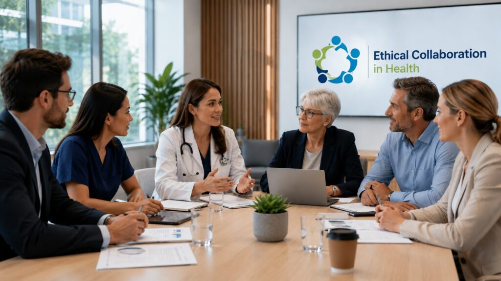 Profesionales del sector salud dialogando en una reunión de colaboración ética, con enfoque en integridad, confianza y paciente al centro