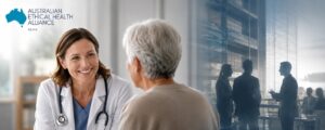 Médica conversando con paciente en un entorno clínico moderno, con elementos visuales sobre análisis de datos y sostenibilidad del sistema de salud, en referencia al diálogo ético entre la Alianza Ética por la Salud y la Australian Ethical Health Alliance.
