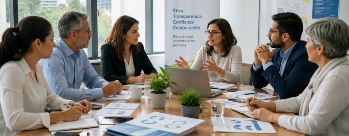Mesa de trabajo de la Alianza Ética por la Salud sobre Etikit, con profesionales analizando principios de ética, transparencia, confianza y colaboración para organizaciones de pacientes
