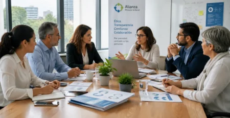 Mesa de trabajo de la Alianza Ética por la Salud sobre Etikit, con profesionales analizando principios de ética, transparencia, confianza y colaboración para organizaciones de pacientes
