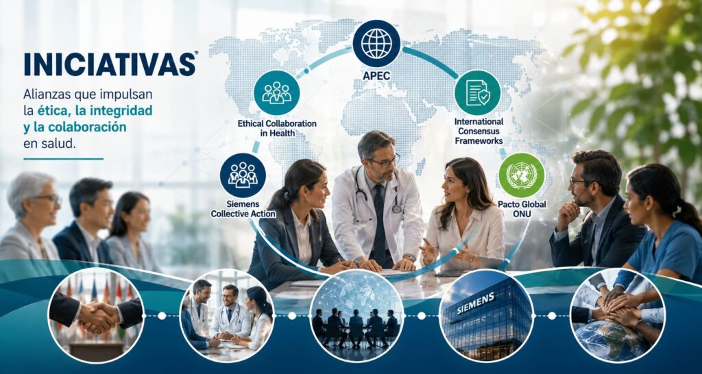 Banner de iniciativas de la Alianza Ética por la Salud con marcos internacionales de colaboración ética, integridad, acción colectiva y confianza en el sector salud