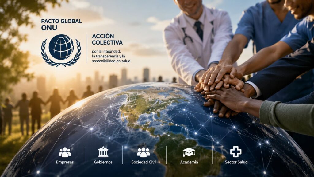 Imagen conceptual del Pacto Global ONU con manos unidas sobre un globo, representando acción colectiva, integridad, transparencia y sostenibilidad en salud