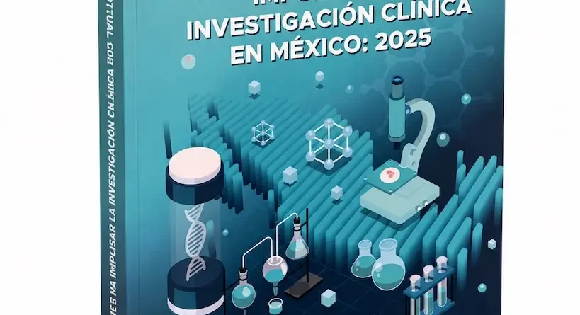 Portada del libro Estado actual y acciones para impulsar la investigación clínica en México 2025, con ilustraciones de laboratorio, microscopio, ADN y logotipos de UNAM PUIREE y Alianza Ética por la Salud.
