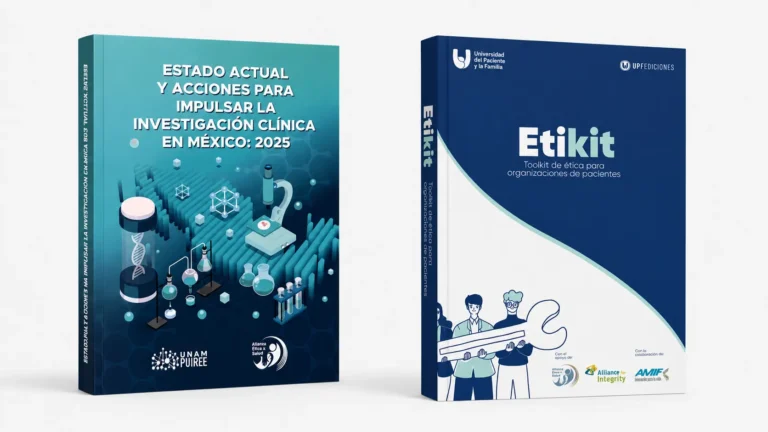 Dos libros institucionales sobre salud colocados lado a lado: Estado actual y acciones para impulsar la investigación clínica en México: 2025 y Etikit, toolkit de ética para organizaciones de pacientes.