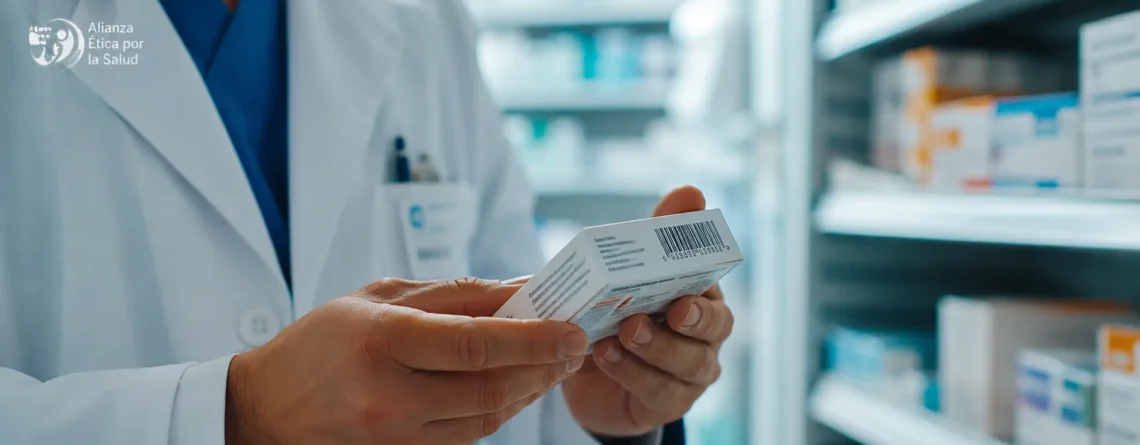 AExS Profesional de la salud verificando el empaque y número de lote de un medicamento para prevenir productos falsificados.