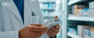 AExS Profesional de la salud verificando el empaque y número de lote de un medicamento para prevenir productos falsificados.
